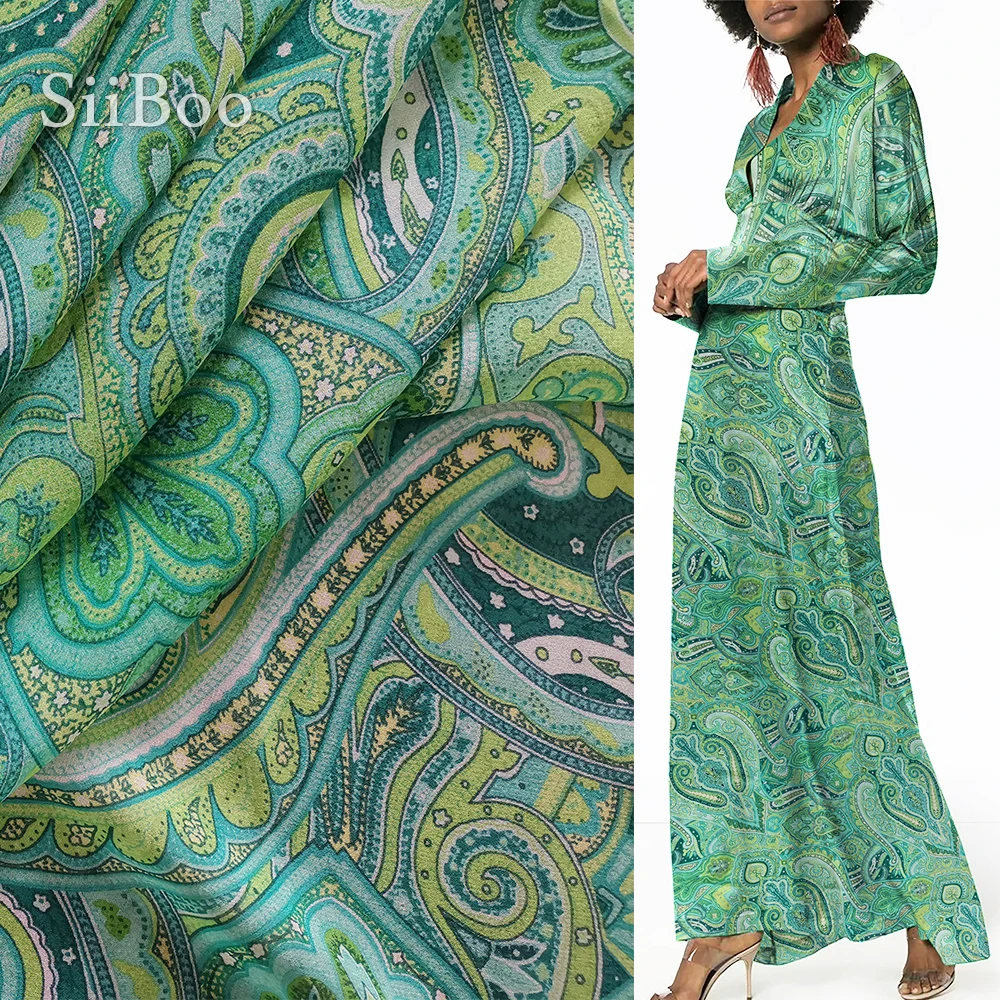 Ethnic green paisley print 100 natural silk fabric apparel