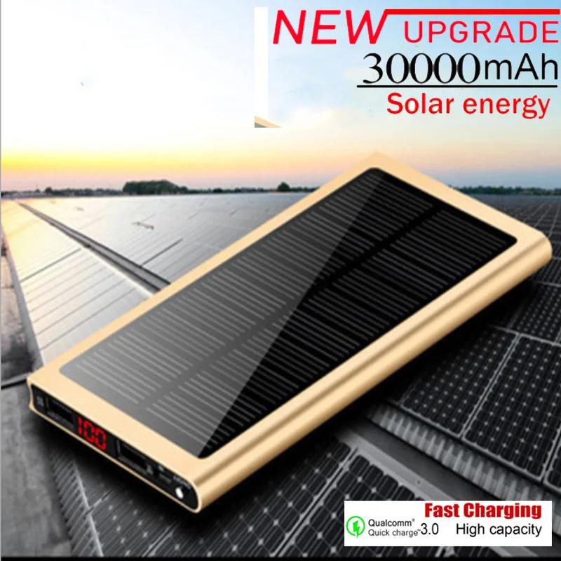 Banco de energía Solar de 30000 mAh, cargador inalámbrico 2USB, portátil, ultrafino, adecuado para iPhone y portátil