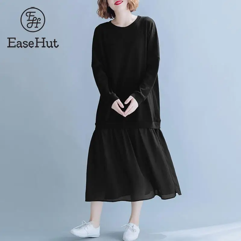 

EaseHut One Piece Black Women Baggy Fall Dress O-neck Long Sleeves Stitching Chiffon Dress Ladies Casual Autumn Winter Dress