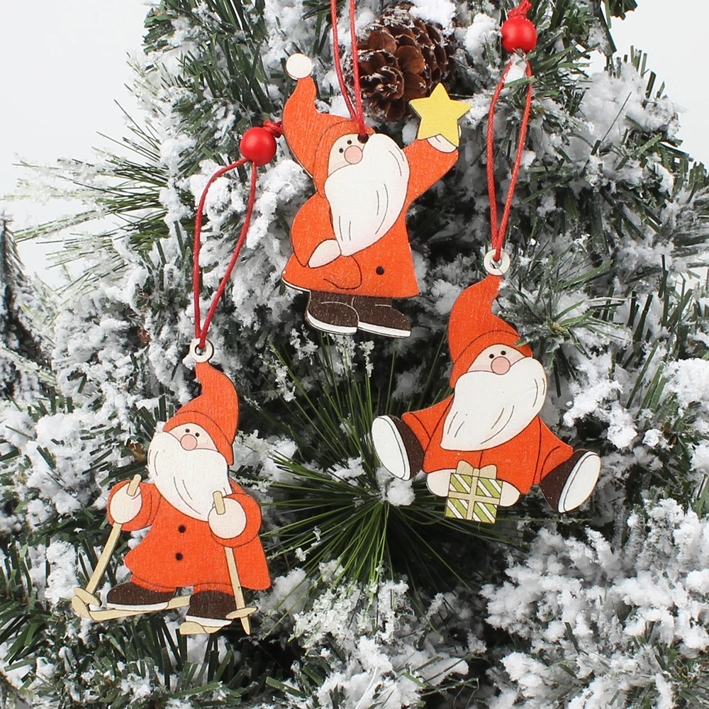 HUADODO 3Pcs Santa Claus Christmas Pendants Ornaments Wooden Craft for Christmas Tree Hanging Party decoration Kids toys