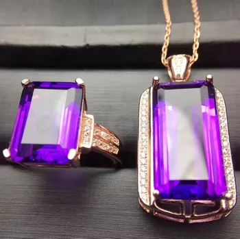 

Per jewelry Amethyst jewelry set Free shipping 1pc ring 1pc pendant 7.3ct*1pc 15ct*1pc gemstone 925 sterling silver S20594