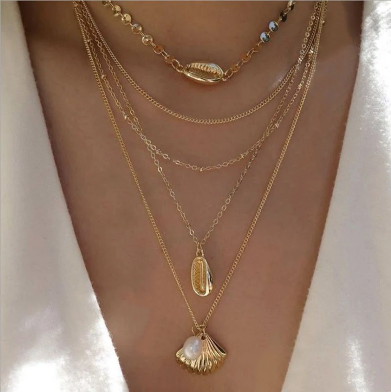 

5 Pcs/set Vintage Multilayer Shell Pearl Pendant Necklace for Women Fashion Conch Choker Gold Long Necklaces Boho Party Jewelry