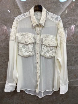 

2020 Spring and Summer New Women's Binding Diamond Stitching Lace Symmetrical Pocket Decoration Long Sleeve All-match Top 608