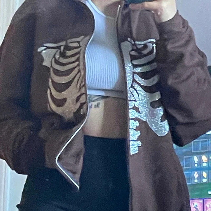 

Y2K Goth Skeleton Print Hoodies For Women Autumn Winter Zip Up Long Sleeve Oversized Sweatshirt Brown Grunge Clothes Zipper Coat