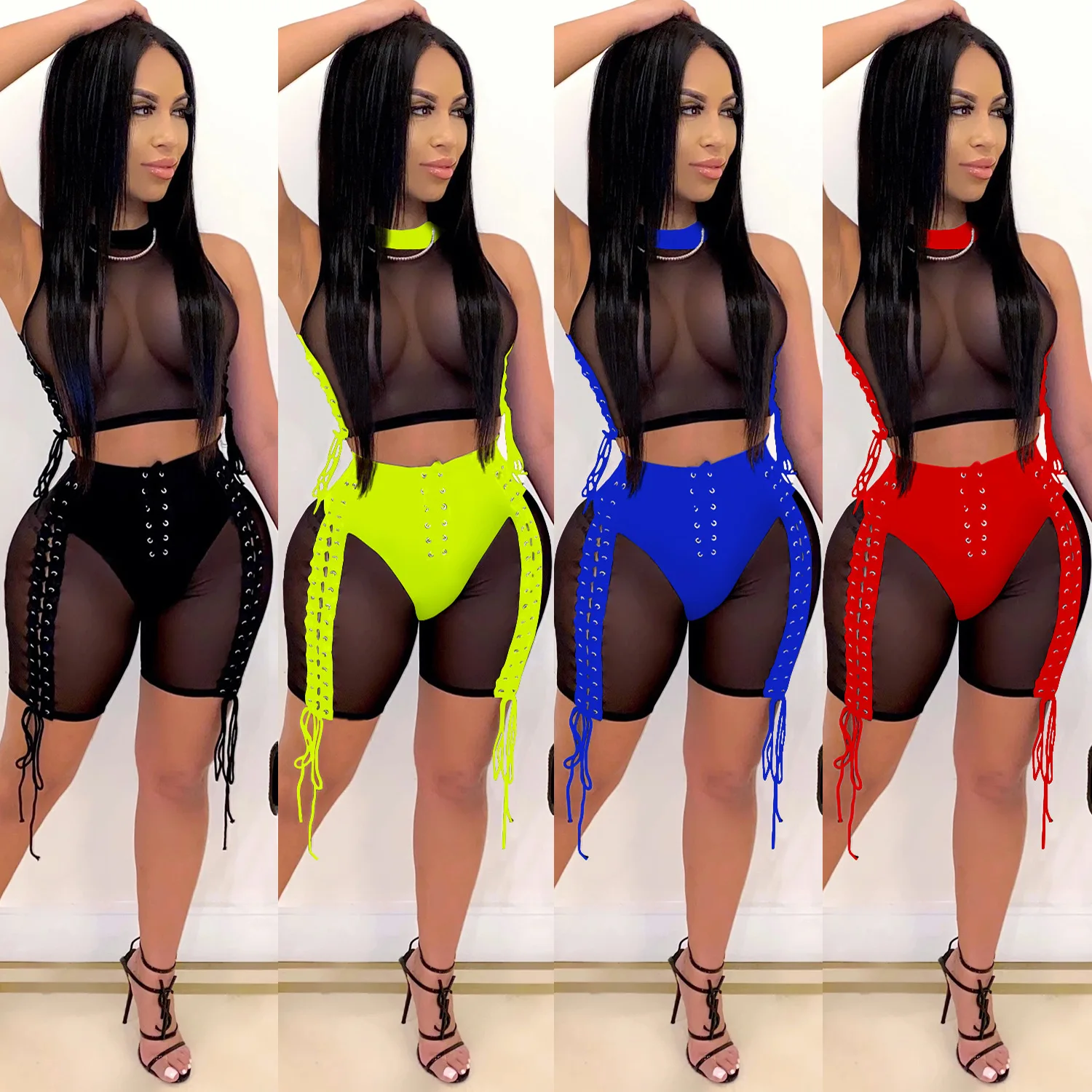 Tracksuits Women 2 Pieces Set Mesh Sheer See Through Tank Crop Tops Neon Color High Waist Lace-up Biker Shorts Female Clothes | Женская