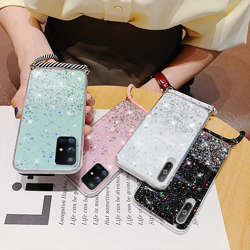 With Neck Strap Rope Cord Clear Glitter Case For Samsung S20 FE A51 A50 A71 A52 A72 A21S A31 A70 S21 Ultra S10 Plus M52 A12 A32