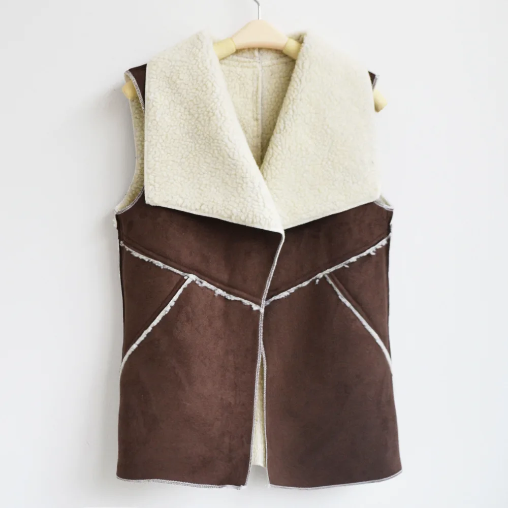 Осень-зима Для женщин замшевые искусственная меховая жилетка, куртка Леди Осень рукавов открытой передней поддельные руно Wasitcoat DW983