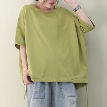 

[EWQ] 2020 Spring Summer New Arrivals O-neck Short Sleeve Solid Pattern Women Literature And Art Casual Loose T-shirt AY02806