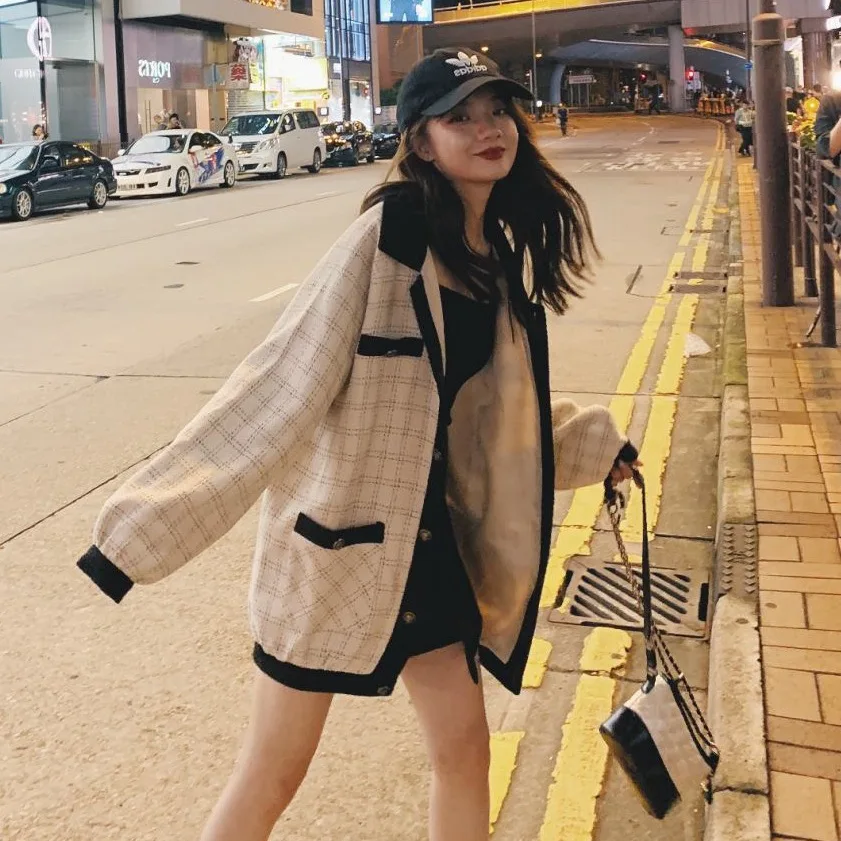 

Photo Shoot Main Push INS Graceful Contrast Color Pattern Weaving Single Breasted Fold-down Collar Mid-length Tweed Coat Women's
