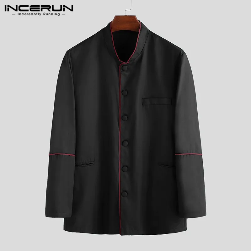 Black INCERUN, мусульманская Мужская рубашка, пэчворк, стоячий воротник, длинный рукав, топы, Винтаж, мусульманская, Исламская, Арабская одежда, мужская одежда, рубашки, S-5XL - Цвет: Black