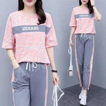 

2020 Summer Clothes Women Large Plus Size 5XL Pink sport suit Top And Pant Two Piece Set Sportwear Tracksuit Matching Set outfit