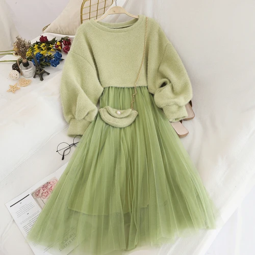 Green Gaganight сладкий для женщин комплект из двух предметов сетки длинное плиссированное платье сплошной короткий пуловер элегантный женский комплект 2 шт - Цвет: Green