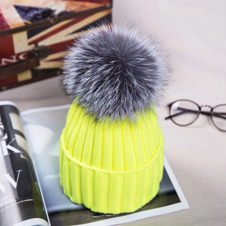 Winter Warm Female Fur Pom Poms hat Spring Hat For Women Girl 's Hat Knitted Beanies Cap Hat Thick Women Skullies Beanies - Цвет: 1