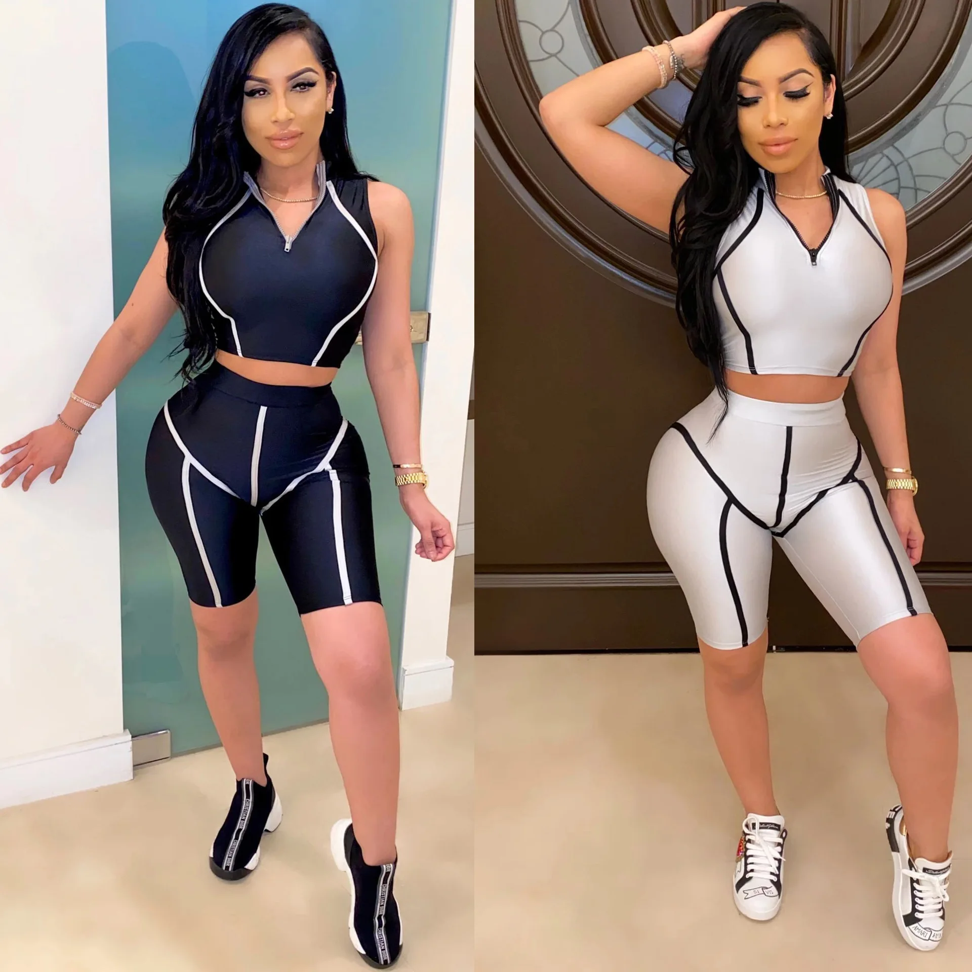 

Women Two Piece Set Fitness Sportswear Spliced Stand Collar Casual Tops Side Stripe Biker Shorts Jogger Femme Active Tracksuit
