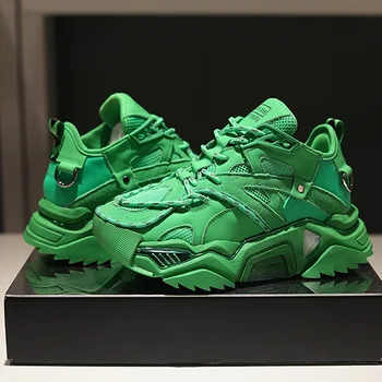 

Green Leather Sneakers Light Reflective Lace Up Daddy Shoes Height Increasing Sneakers Casual Shoes Women
