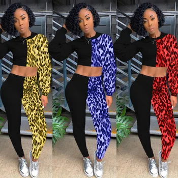 

Women Set Hooded Full Sleeve Crop Top Suit Women Two Piece Set Top And Pants Leopard Patchwork Casual Sportswear Women Tracksuit