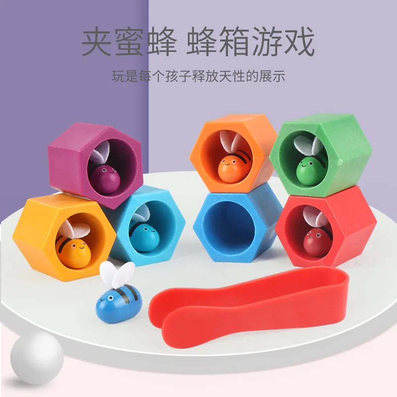 

Children Catch Bees Game Baby Hand-Eye Coordination Fine Motion Training Wooden Clip Bees Hive Education Toy