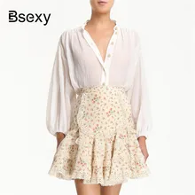 Faldas mujer moda 2019kawaii Boho шикарная мини-юбка с завышенной талией, цветочным принтом и кружевным краем, женские мини-юбки с оборками и рыбьим хвостом