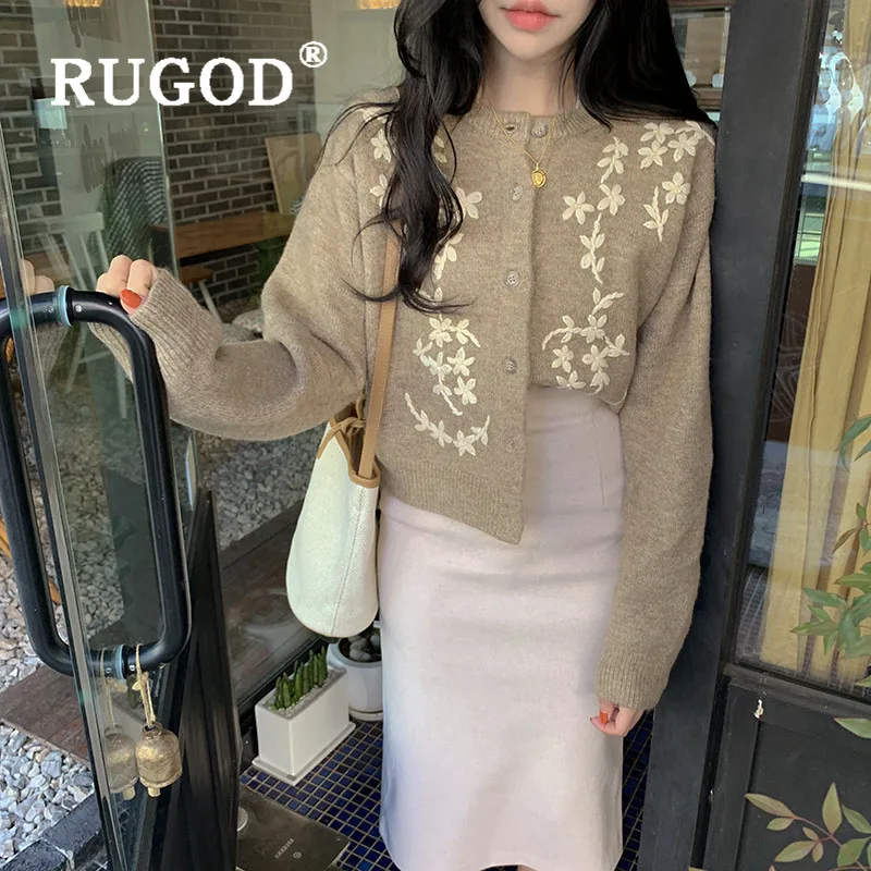 RUGOD вязаный кардиган с вышивкой, свободный свитер, женские свитера, зима, топы для женщин, трикотаж, Модный повседневный укороченный топ