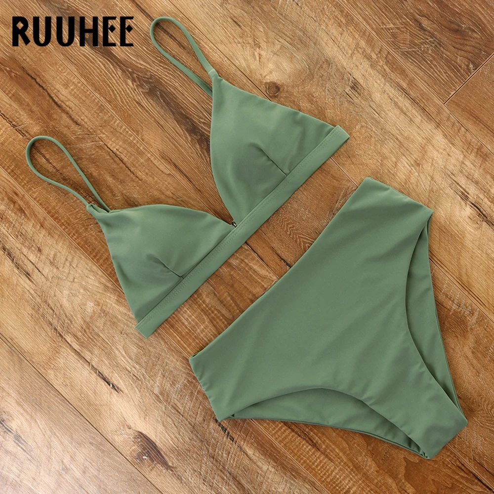 push up bikini set RUUHEE 2021 Bikini Swimwear Swimsuit Women Solid Bathing Suit Green Neno Bikini Set With Pad Female High Waist Beachwear Biquini bathing suits