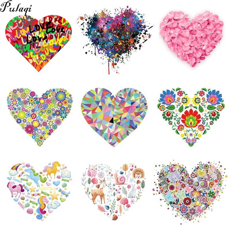 

Pulaqi Vinyl Colorful Heart Patches Iron on Heat Transfers for Clothing Stickers Applique on Clothes Thermal Love Heart Transfer