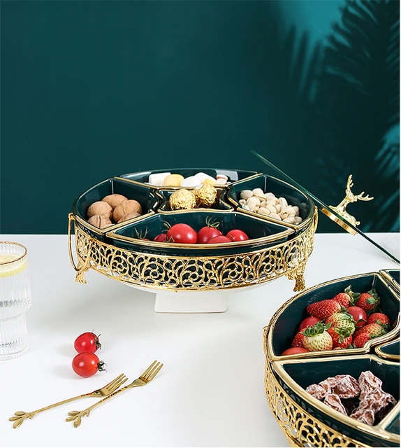 GOLD SILVER TRAY FRUIT DRY SERVING DRIED NUTS COMPARTMENT SNACK DISH LID  EID