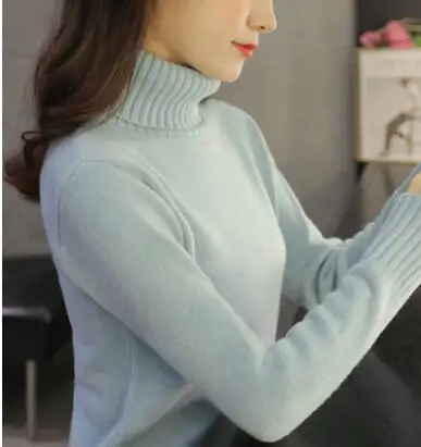 Новинка, осенне-зимние женские вязаные свитера, пуловеры, водолазка с длинным рукавом, Одноцветный тонкий эластичный короткий свитер для женщин - Цвет: Light blue