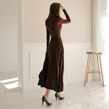 Осень и зима, стиль, корейский стиль, высокий воротник, средней длины, трикотажное платье, приталенный, на шнуровке, базовый свитер выше колена