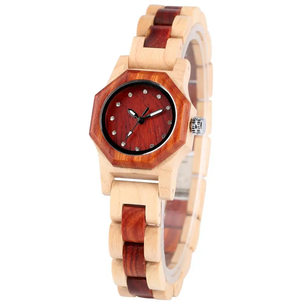 

Fashionable Quartz Wooden Wristwatch Classic Light Brown Dial Artificial Diamonds Watch Female Charming Polygon Wooden Watches