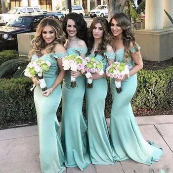 

Mint Green Appliqued Lace Sleeveless Mermaid Bridesmaid Dresses Simple Sweetheart Neck Floor Length Custome Wedding Party Gown