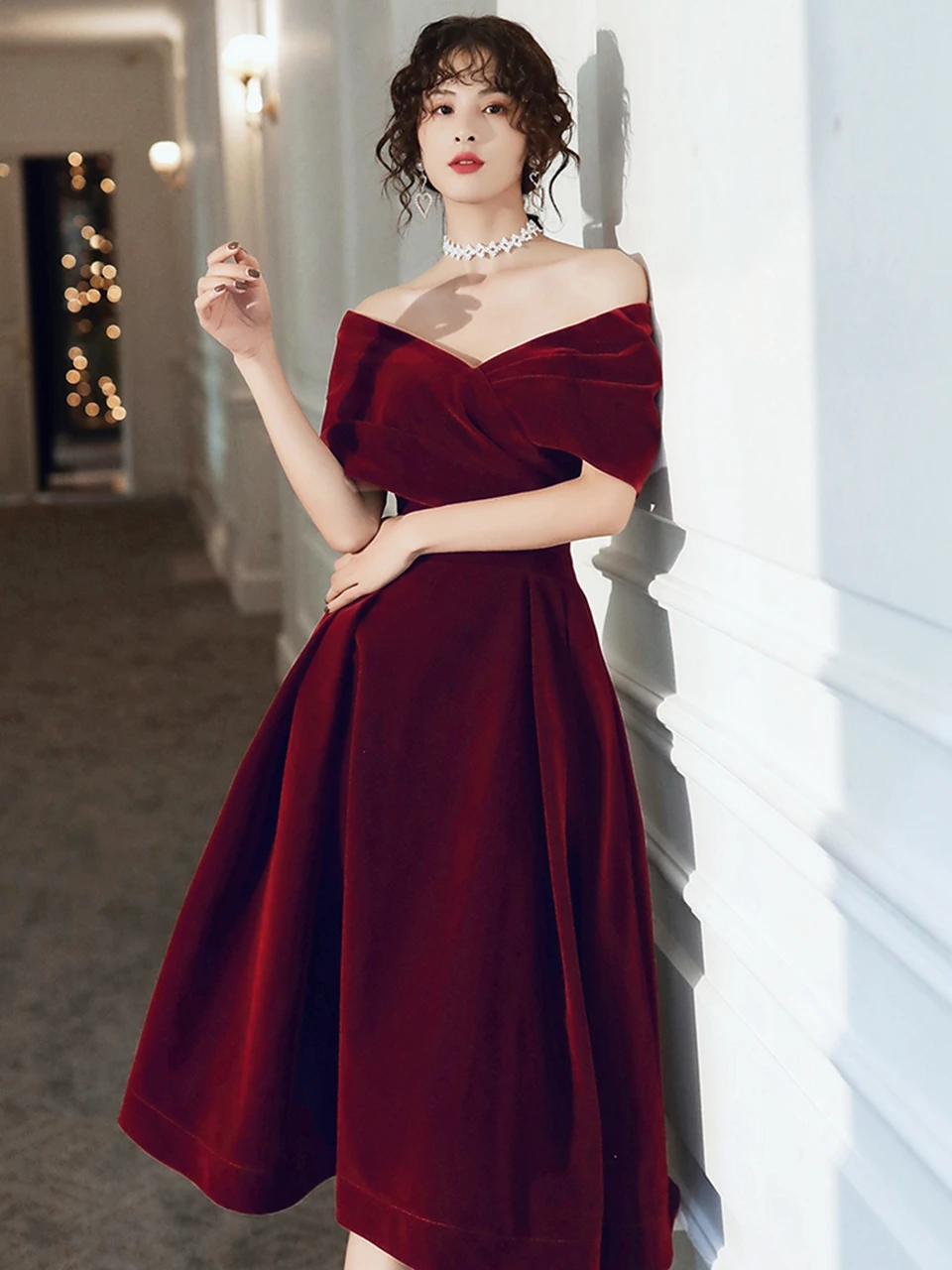 hot pink prom dress Short Evening Dresses 2022 Women Formal Party Night Off Shoulder Prom Dresses Velvet Vestidos De Gala Burgundy Graduation Gowns modest prom dresses Prom Dresses