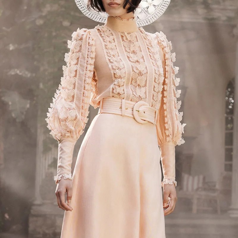 2019 Autumn Elegant Womens White Shirts Blouse Stand Collar Long Sleeve Patchwork Lace Tops Female Clother |