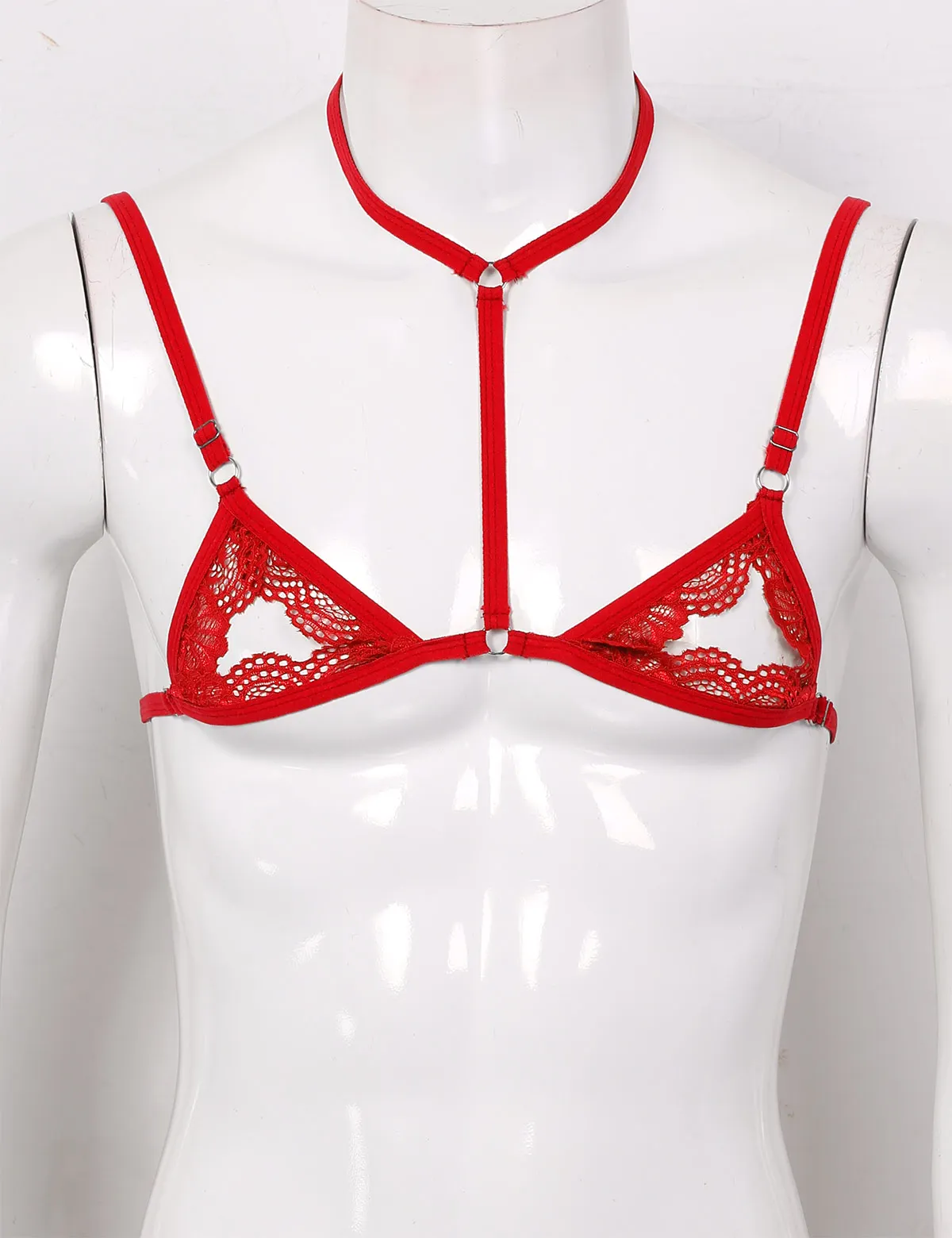 Mens Sheer Lace Lingerie Halter Adjustable Spaghetti Straps Bra Sissy Erotic Open Nipples Bralette Gay Wire-free Unlined Bra Top