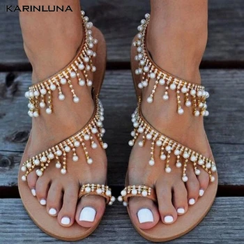 

Karinluna 2020 New Arrivals Large Size 43 Gladiator Sandals Woman Shoes Low Heel Slip-On String Bead Casual Dropship Shoes Women