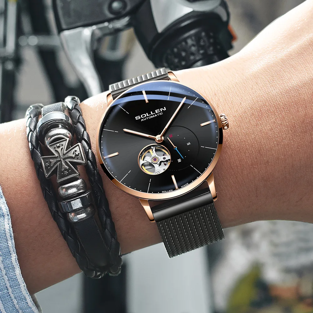SOLLEN 9,9 мм ультра-тонкие мужские механические часы Японский Miyota часовой механизм автоматические полые светящиеся водонепроницаемые часы