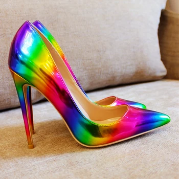 

High heels sexy women elegant heel colorful shoes quality thin heel point toe 12cm patent leather pumps meeting party shoes 2020
