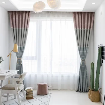 

Modern Pink Curtains for Living Dining Room Bedroom Shading Linen Powder Gray Plaid Curtains