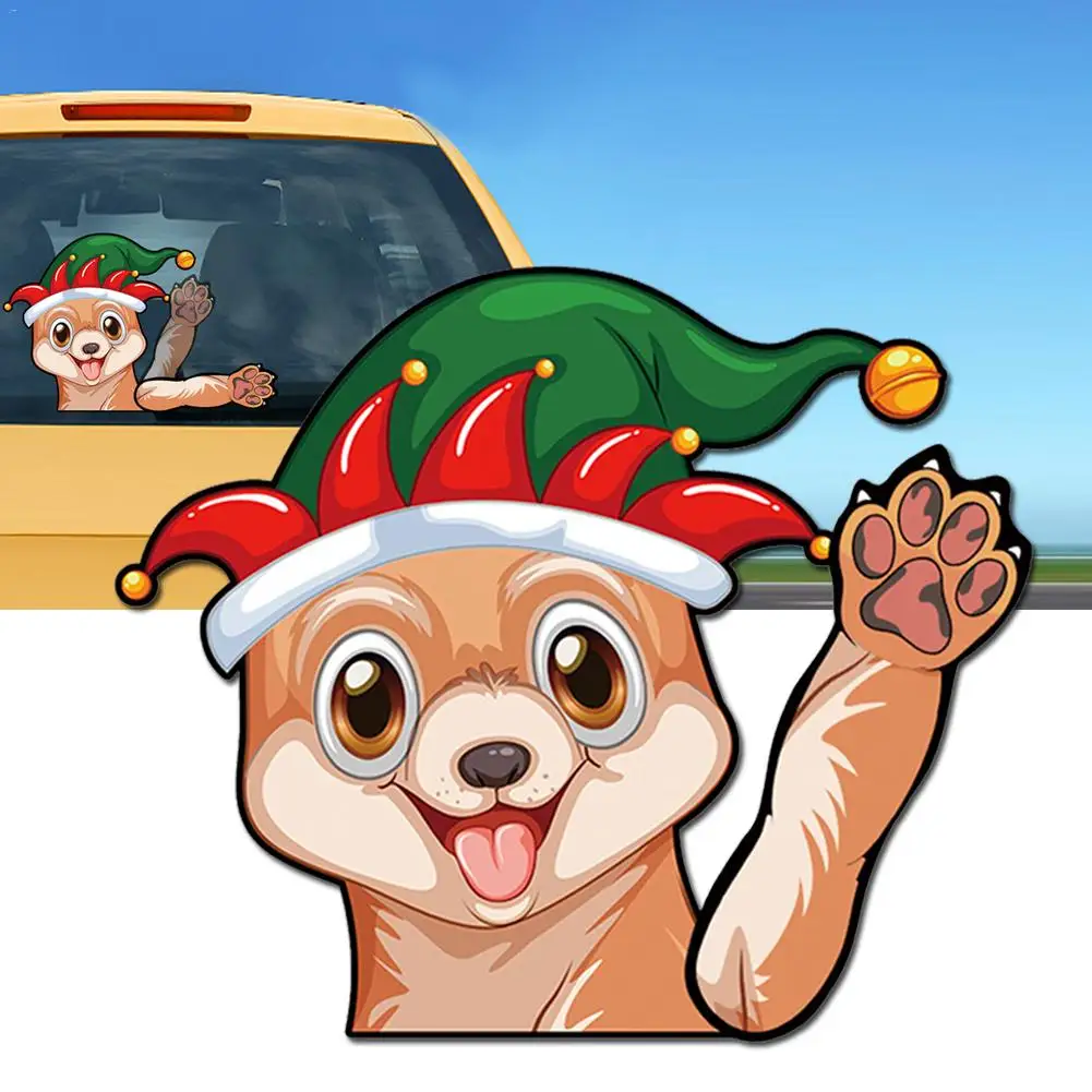 

Car Rear Wiper Sticker Christmas Cute Dog Green Red Hat Windshield Wiper Decal Tags Rear Wiper Stickers Cute Santa Claus Waving