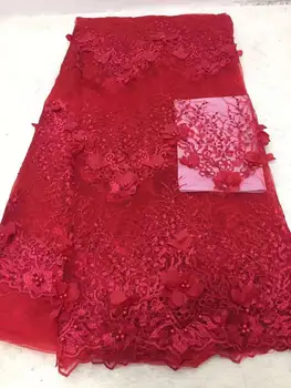 

pure red Beaded embroidery African 3d applique fabric super soft Nigerian sewing dress high quality 5 yards good choice LL201923