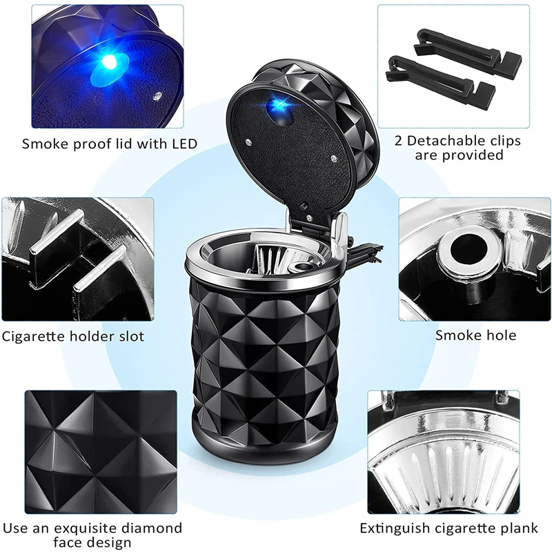 Car Ashtray With LED Light Portable Universal Alloy Ash Tray Aluminum Cup Smokeless Flame Retardant Car Accessories