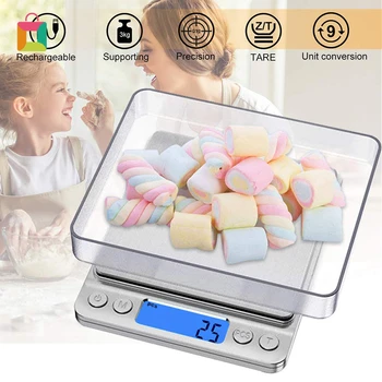 

Silver multifunctional digital kitchen scale USB rechargeable food scale, electronic kitchen scale with LCD backlight Cozy
