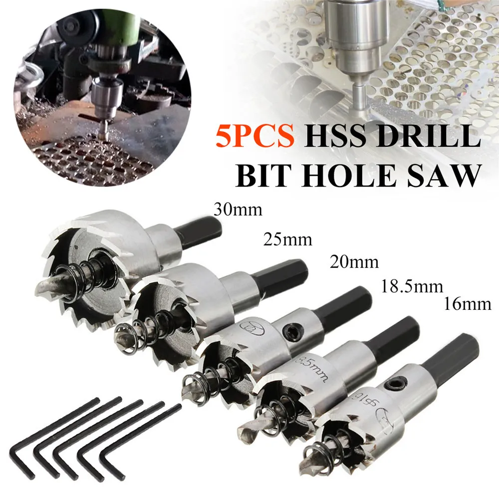 5pcs 16-30mm Hole Saw Cutter Drill Bit Set HSS Hole Saw Drill Sheet Metal Reamer with Wrench