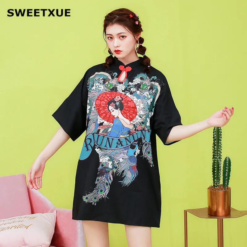 SWEETXUE/винтажное платье в винтажном стиле с Чонсам с принтом повседневное свободное модное прямое мини-платье в китайском стиле для девочек