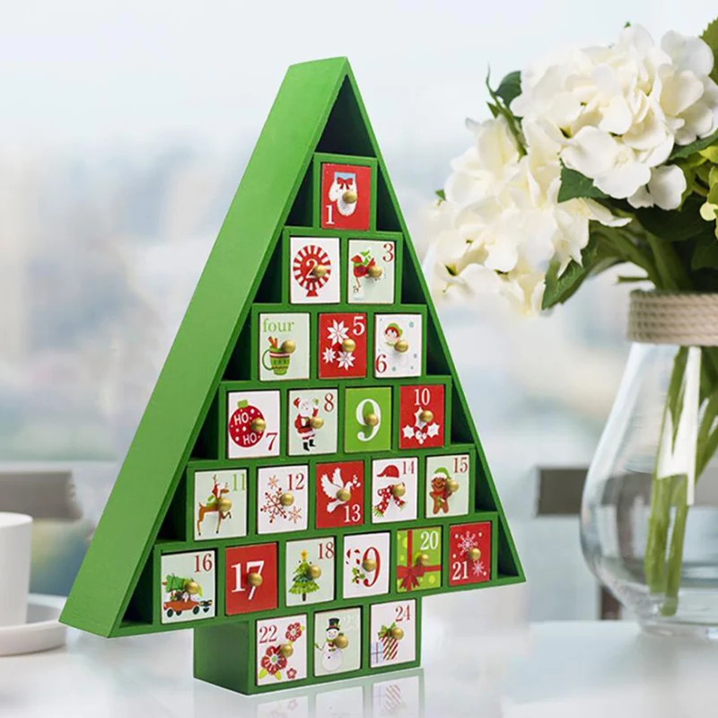 Christmas Wooden Calendar Countdown Painted Storage Box Candy Food Toy Decor