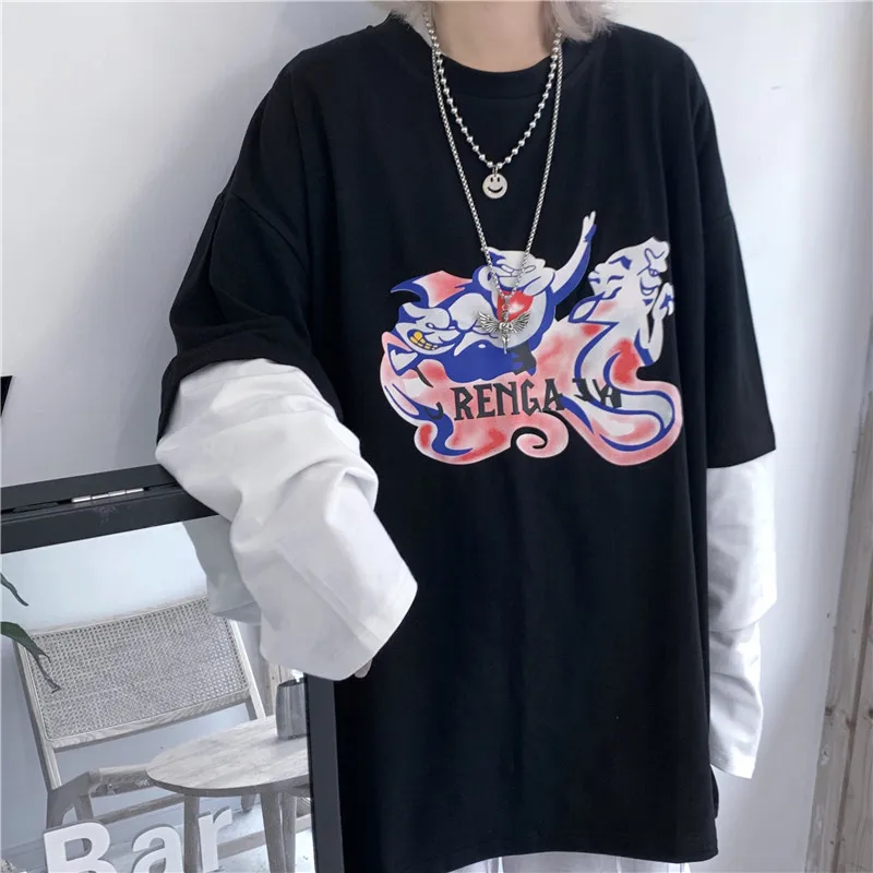 Lychee Harajuku, принт с привидениями, женская футболка, топ, футболка, в полоску, поддельные, 2 штуки, женские футболки, топы, футболки, пэчворк, с круглым вырезом, женские футболки