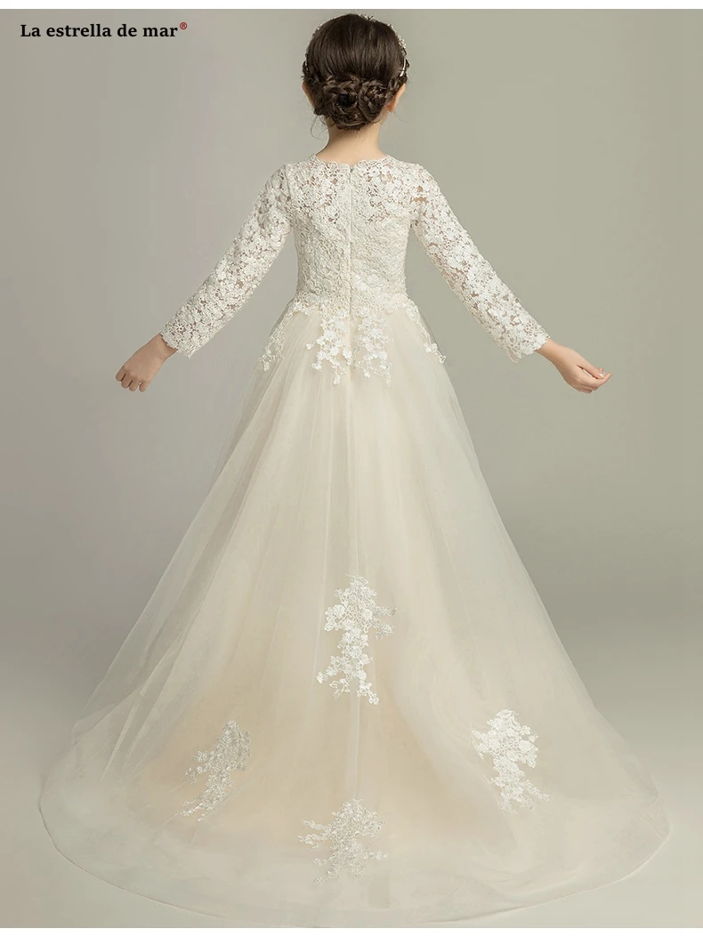 Robe mariage enfant fille/новые кружевные платья трапециевидной формы с длинными рукавами цвета шампанского для девочек со шлейфом, vestidos de comunion sukienki