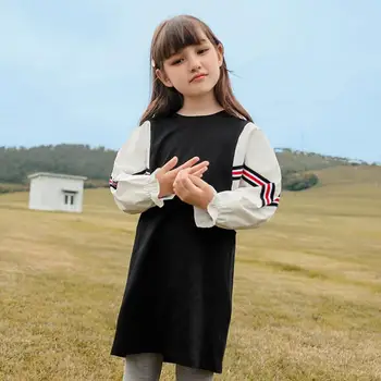 

Girls Straight Dresses Long Sleeve O Neck Patchwork Fashion Gowns 5-14y Kids Soft Cotton Casual Loose Dresses Teen Girl Clothes