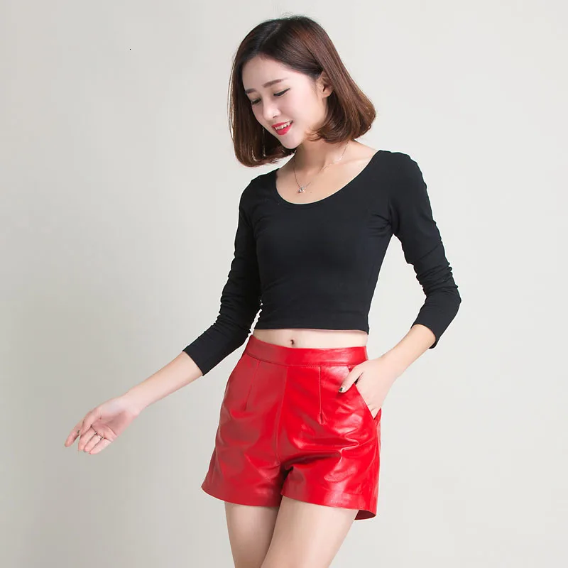 Luxury Women Genuine Leather Shorts 2020 New High Waist Fitness Shorts Red Wide Leg Sheepskin Elastic Waist Short Pants Femme Luxury Women Genuine Leather Shorts 2020 New High Waist Fitness Shorts Red Wide Leg Sheepskin Elastic Waist Short Pants Femme