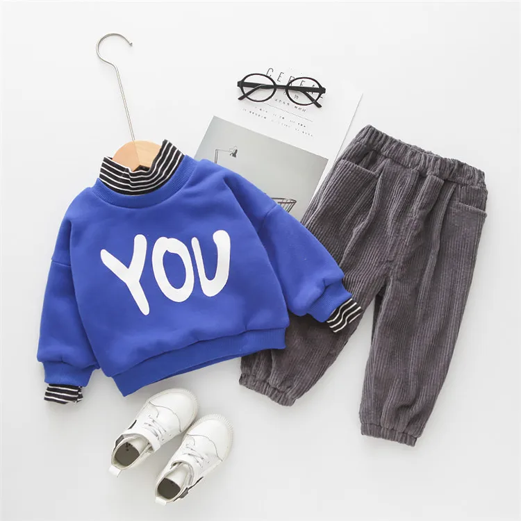 Осенне-зимние комплекты одежды для маленьких мальчиков и девочек теплый толстый свитер с буквенным принтом+ штаны детский спортивный костюм детская одежда От 1 до 6 лет