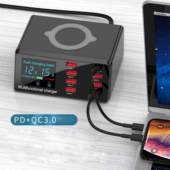 

8Ports QC 3.0 USB & Type C PD Fast Charger Adapter 10W Wireless Charger Station Digital Display for Mobile Phone Tablet